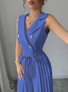 Elenzga Women's Elegant Solid Color Double-Breasted Sleeveless Pleated Jumpsuit, Suitable For Spring And Autumn - Blue - View 3