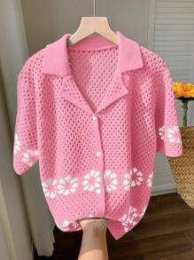 Comfortcana Chaqueta de punto fina de manga corta con un solo botón y calado en rosa para mujer, ideal para vacaciones de verano - Rosa - Ver 1
