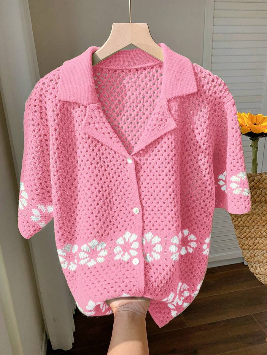 Comfortcana Chaqueta de punto fina de manga corta con un solo botón y calado en rosa para mujer, ideal para vacaciones de verano - Rosa - Ver 1