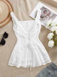Modelyn Top sin mangas de mujer con cuello cuadrado, en unicolor con aplicaciones de encaje, elegante para el verano - Blanco - Ver 1