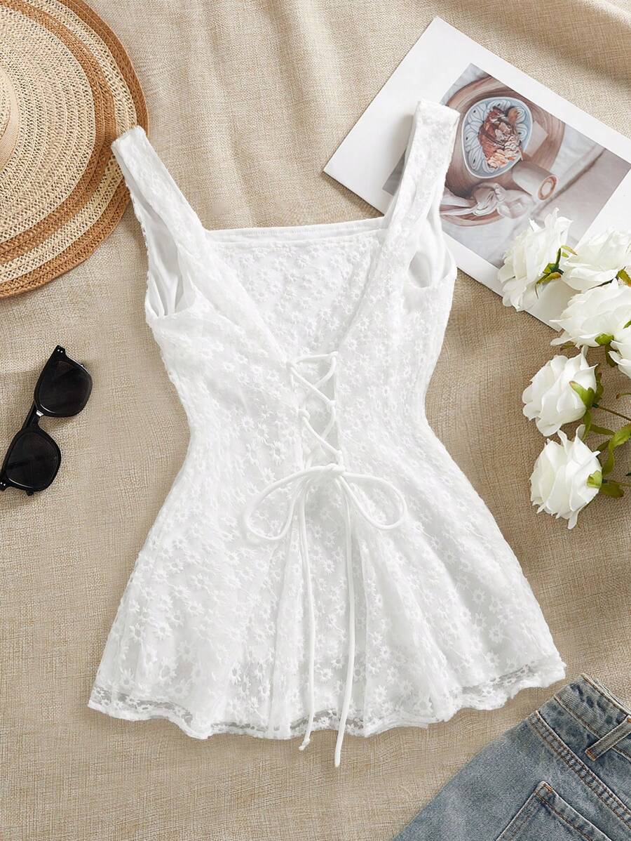 Modelyn Top sin mangas de mujer con cuello cuadrado, en unicolor con aplicaciones de encaje, elegante para el verano - Blanco - Ver 1