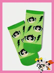 THE POWERPUFF GIRLS X SHEIN 1 Pair Women Buttercup Pattern Colorblock Ankle Socks - Green - View 2