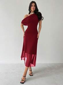 Firerie Vestido casual largo de punto con hombro asimétrico, manga corta, fruncido en la cintura y color rojo, elegante y generoso para mujer en verano