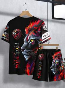 Manfinity LEGND 男士字母狮子图案圆领短袖休闲T恤和抽绳腰短裤套装 - 彩色 - 查看 2