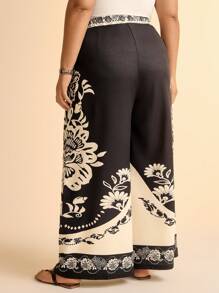 CAJUNI Plus Size Women's Boho Black & White Floral Print Straight Leg Casual Pants, Suitable For Beach/Holiday, Summer & Autumn - Multicolor - View 2