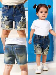 Baby Mädchen Lässig Street modern, kühne avantgardistische retroaktive, verwaschene, weite 5-Zoll-Bermuda-Shorts, mit elastischem Bund, dekorativen Vordertaschen, hinteren Utility-Taschen, ausgefransten Säumen, Sternstickerei, Katzenschnurrhaaren und Verblassungseffekten. Modisches und vielseitiges Jeansstück