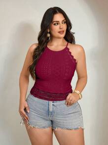 SHEIN Tall CURVE 大码女式夏季短款修身撞色蕾丝刺绣吊带背心