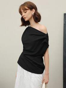 EMERY ROSE Blusa de viaje elegante de mujer con volantes en los hombros y color liso - Negro - Ver 5