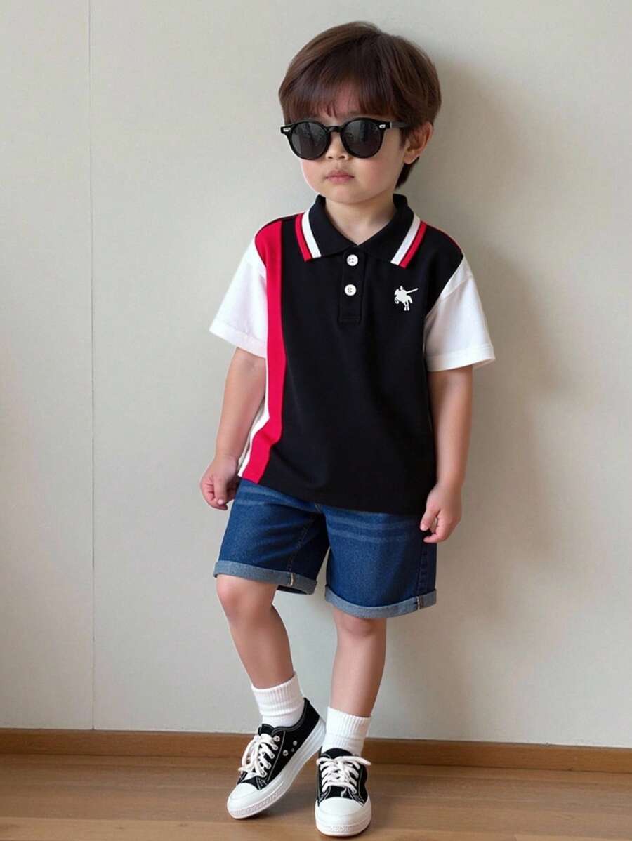 SHEIN 2pcs/Set Baby Boy Comfy Casual Fashion College Style Color Blocking Black Polo T-Shirt And Denim Pants Set, Suitable For Indoor, Outdoor, Daily Wear, Sports, Playtime, Party - Black - View 1