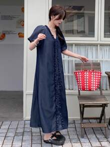 DAZY Damen Sommer Casual Elegant Koreanischer Stil Puffärmel Denim Mini Kleid - Blau - Übersicht 2