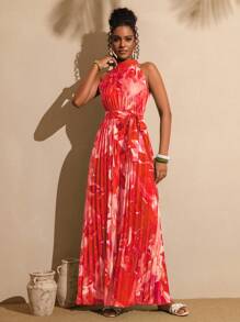 Vesra Woman All-Over Print Pleated Drawstring Jumpsuit, Vacation Pleated Jumpsuit