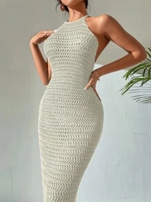 Breezaya Women's Vacation Solid Color Bodycon Halter Knit Dress - White - View 6