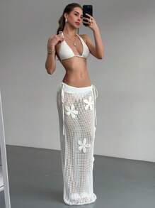 Aloruh Falda con decoración floral 3D y calada para mujer