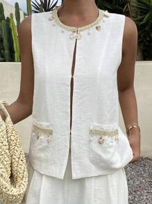 DAZY Bộ 2 chiếc/Bộ áo len không tay đính hạt sequin cho nữ và quần ống rộng bằng vải lanh - Màu be - Xem 3