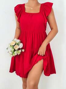 Flirla Plus Size Square Neck Elastic Cap Sleeve A-Line Frill Trim Dress - Red - View 4