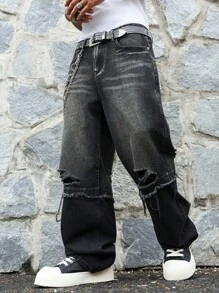 Manfinity EMRG Men's Loose Fit Ripped Pocket Wide Leg Casual Versatile Jeans Pants - Dark Grey - View 7