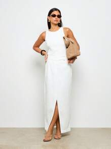 AiiRZ Front Slit Maxi Skirt Chic Resort Wear High Waist Long Elegant Beachwear Vacation Dinner Evening Occasion - White - View 3
