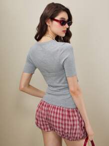 SHEIN Unity 2 件套女士灰色短袖圆领 T 恤和抹胸短款上衣，夏季上衣 - 灰色 - 查看 3