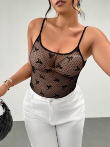 Firerie Plus Size Spring/Summer New Comfortable Casual Elegant Sexy Stretchy Polka Dot Bow Sheer Mesh Bodysuit For Women - Black - View 4