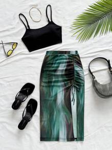 Soleia 全新针织日落印花扭纹细节金属装饰短款上衣和开衩下摆绿色半身裙 2 件套