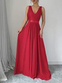 Elenzga Đầm dự tiệc Maxi không tay cổ chữ V, eo thắt eo, dáng chữ A thanh lịch và lãng mạn dành cho nữ - Đỏ - Xem 3