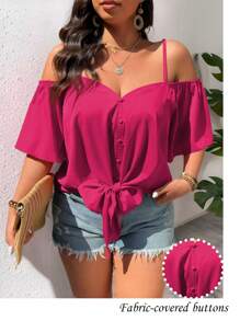 SHEIN LUNE Plus Size Fashion Casual Retro V-Neck Off-Shoulder Tie-Up Blouse - Pink - View 3