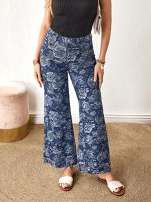 EMERY ROSE Women's Casual Street Fashion All-Over Floral Print Flared Jeans - Blue - View 7
