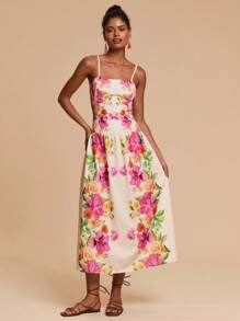 Travachic 女士编织印花细肩带连衣裙、女士夏季服装、沙滩装、春夏装、复活节、节日服装、女士沙滩装、春假、女士度假服装、女士演唱会服装、波西米亚风、波西米亚风、音乐节、美国独立日服装、热带度假女士服装、浪漫 - 杏色 - 查看 1