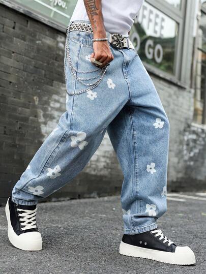 Manfinity EMRG Men's Floral Print Pocket Loose Fit Casual Jeans Street Wear Jeans Streetwear Men Jeans