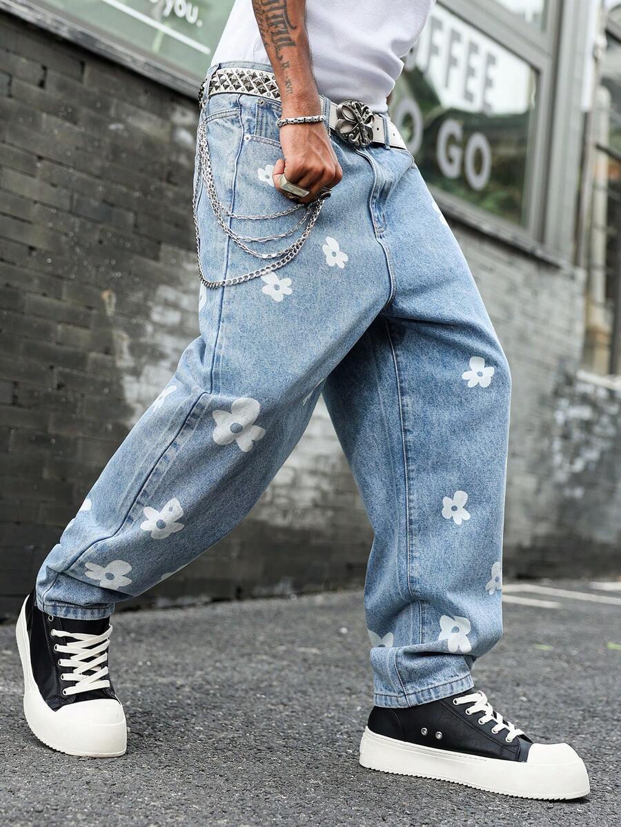 Manfinity EMRG 男士花卉印花口袋宽松休闲牛仔裤 - 淺色水洗藍 - 查看 1