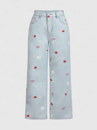 Kawaii Jeans de talla grande para mujeres con moño de flores de fresa