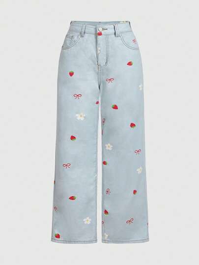 Kawaii Plus Size Women Strawberry Bow Flower Denim Jeans