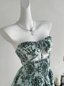 Flirla 1 chiếc váy chữ A thắt eo họa tiết hoa duyên dáng cho nữ - màu xanh lá - Xem 5