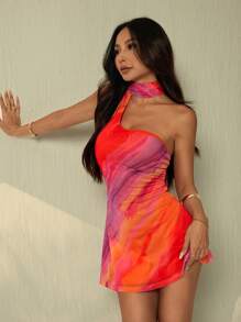 SHEIN PETITE 女式蜡染印花无袖迷你直筒连衣裙，时尚单肩带夏季夏季服装夏季服装女士海滩服装海滩度假服装女士波西米亚风热带度假女装花卉露背橙色渐变飘带迷你连衣裙露背吊带性感约会度假海滩夏季日落图案印花，狂欢服装节日