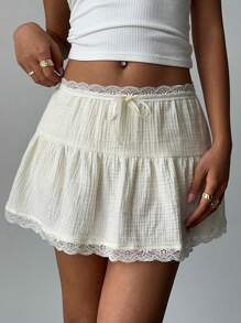 Aloruh Damen einfarbiger Kontrastspitze Schleife Verzierung Rüschen Saum kurzer Rock