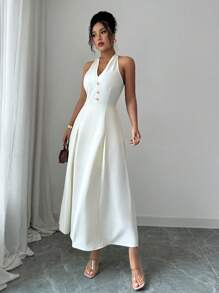Elenzga Women's Elegant Sleeveless A-Line Dress, Suitable For Dating & Commuting, Simple Solid Color Lapel Maxi Dress, Spring/Summer - Apricot - View 4