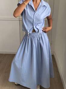 DAZY 2 piezas Conjunto de camisa corta y falda de unicolor para mujer, Conjuntos de ropa de descanso para mujer - Azul - Ver 4