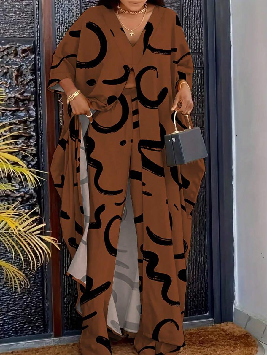 SHEIN Plus Size Allover Print V-Neck Slit Hem Short Sleeve Top & Elastic Waist Pants 2 Pieces Set - Mocha Brown - View 1