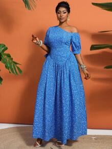 Lunelith SHEIN Lunessa New Arrival Chic Ditsy Floral Asymmetrical Shoulder Women's Long Dress, High-End Style