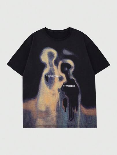 ROMWE Street Life Vintage Street Silhouette Thermal Imaging Human Figure Print Short Sleeve T-Shirt, Summer