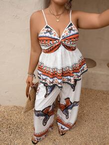 Breezaya Set de 2 piezas para mujer talla grande, mono de tirantes con estampado de mariposas tejido, ajuste regular, para primavera/verano