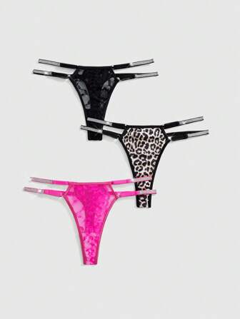 J-Fashion Set de 3 bragas tipo tanga con encaje, estampado de leopardo y cinta con brillo en estilo Y2K