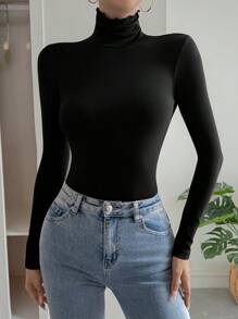 DAZY 1 件女式高领休闲长袖修身 T 恤，秋季服装