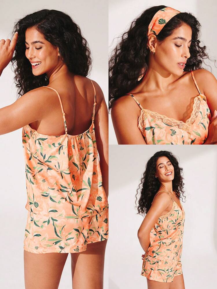 Jedwabista satyna z koronką, pomarańczowy, dekolt w serek, wakacyjny, kwiatowy wzór, koszulka na ramiączkach i szorty, przewiewny komplet piżamowy, seksowny zestaw dla kobiet, bielizna na wiosnę i lato