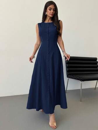 SHEIN Privé Summer New Women Elegant Simple Commute Casual Outdoor Travel Vacation Blue Sleeveless Front Button A-Line Midi Dress Navy Blue