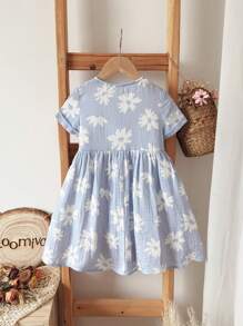 Loomiva Young Girls Floral Print Round Neck Woven Cinched Waist Short Sleeve Dress, Spring/Summer - Multicolor - View 2