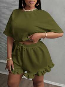 Slaydiva 2 件套休闲基本款纯色短袖 T 恤和褶边短裤运动休闲装女士加大码 - Z - 綠色 - 查看 5