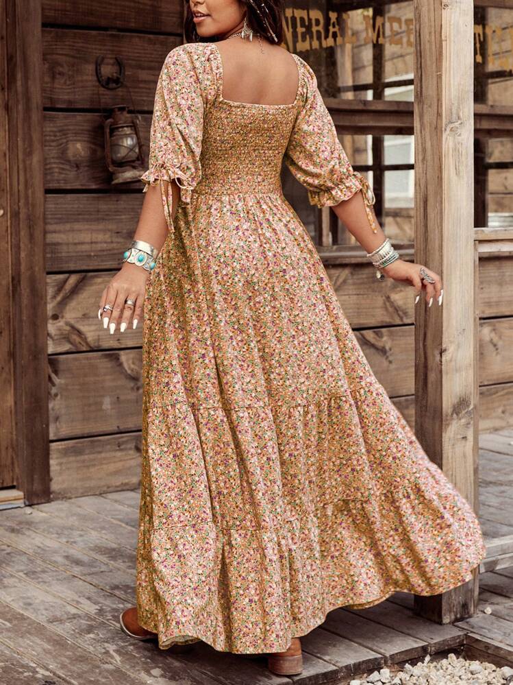 Ceyna Vestido maxiestilo bohemio vintage para mujer de talla grande, con cuello cuadrado romántico, estampado floral diminuto y colorido, y diseño de volantes, para vacaciones - Naranja - Añade 2