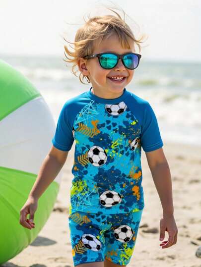 SHEIN Young Boy Casual Loose Fit Round Neck Short Sleeve T-Shirt And Shorts Swimming Trunks Set, Suitable For Summer