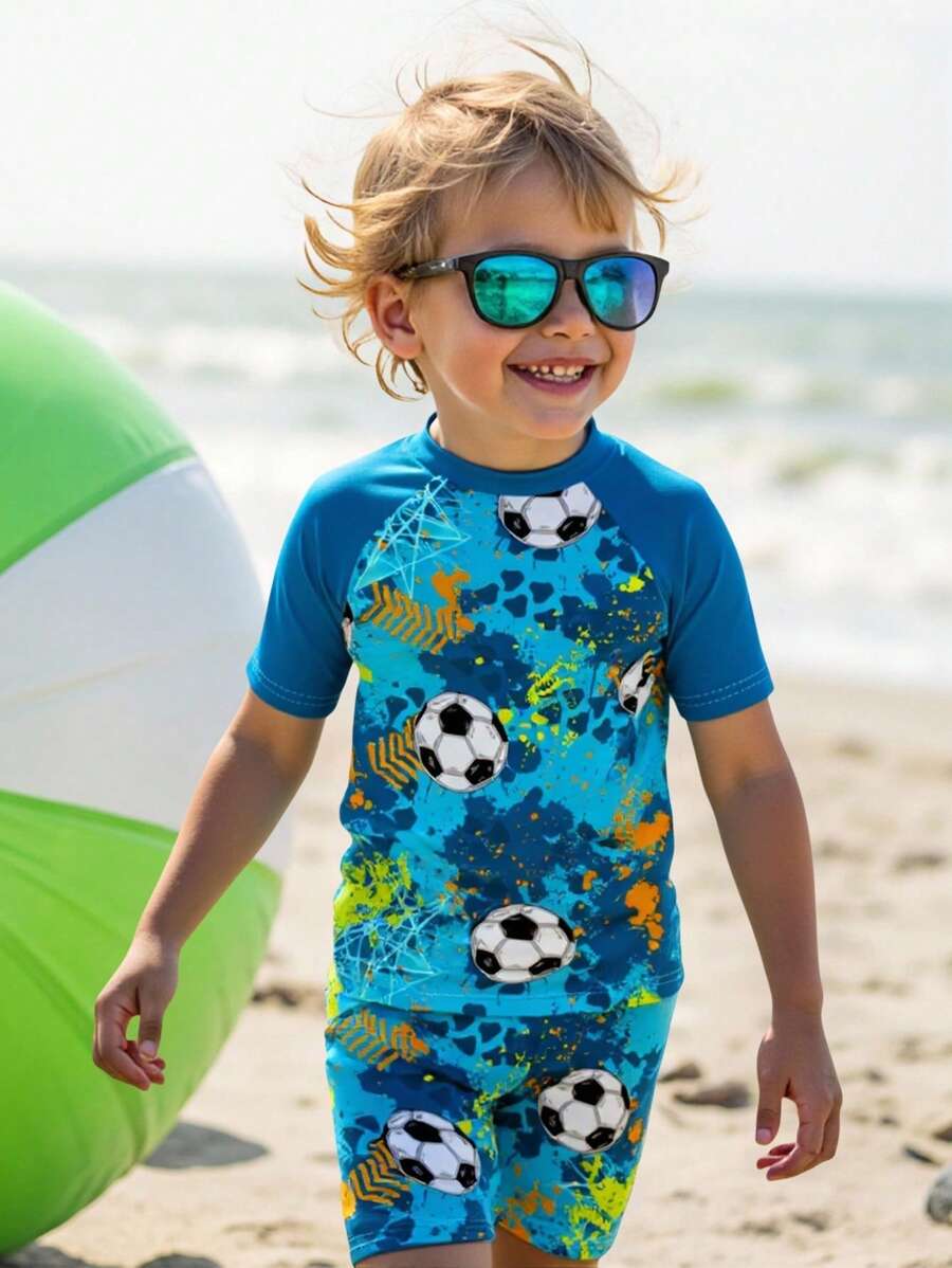 SHEIN Young Boy Casual Loose Fit Round Neck Short Sleeve T-Shirt And Shorts Swimming Trunks Set, Suitable For Summer - Multicolor - View 1